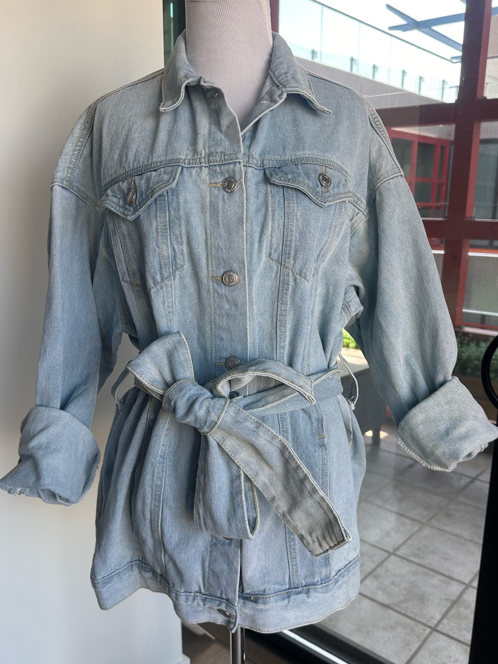 Warehouse Light Blue Denim Jacket with Waist Tie